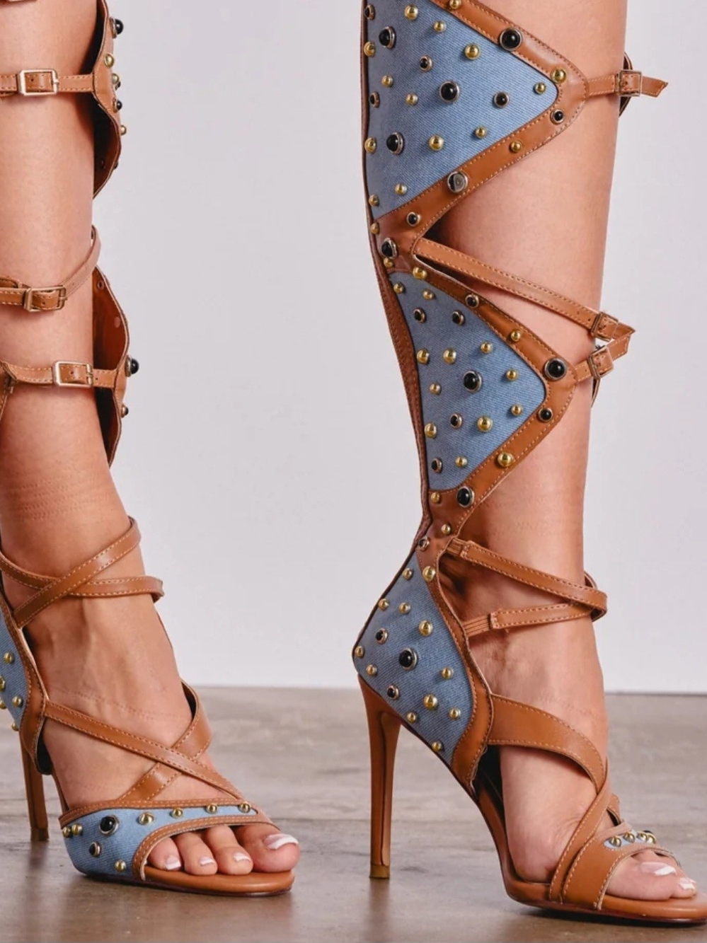 Studded Gladiator Knee-High Heels in Tan and Blue